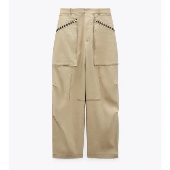 ZARA Topstitched Zippered Pants in Taupe Brown sz L - New with tag